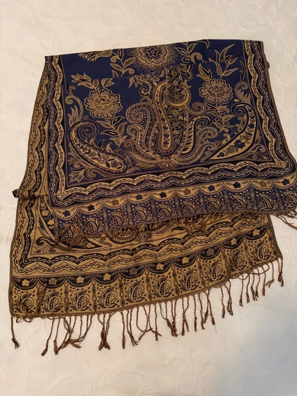 Paisley Fringe Wrap Scarf in Navy and Gold